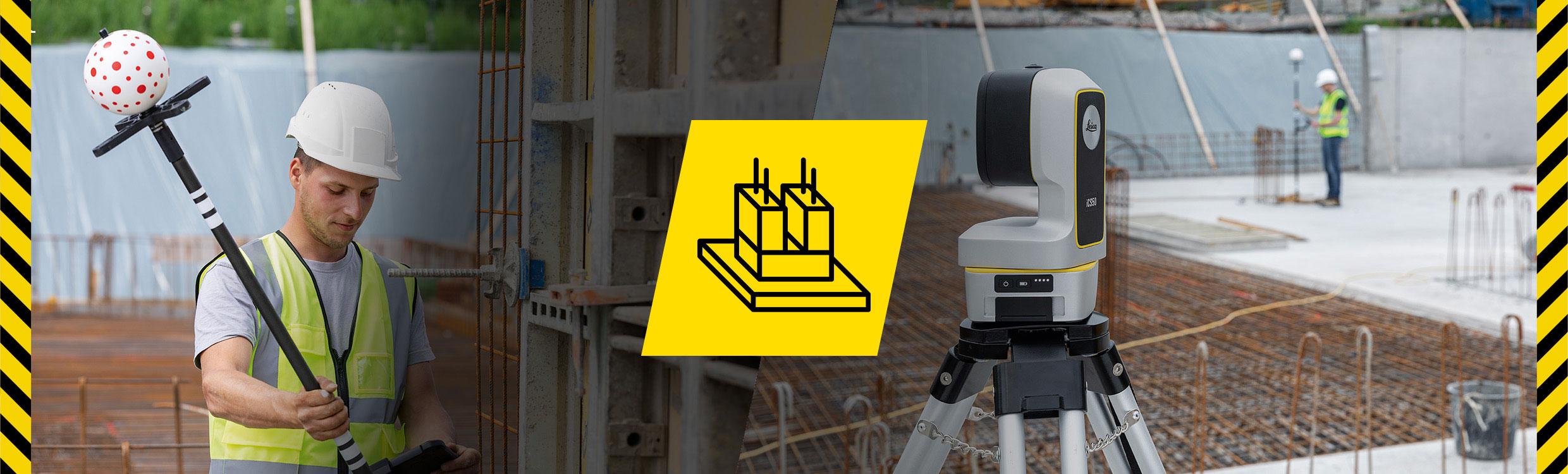 Leica iCON vPole operated by a construction worker in yellow high-vis vest and Leica iCON iCS50 on construction site with steel reinforcement before concrete pour.